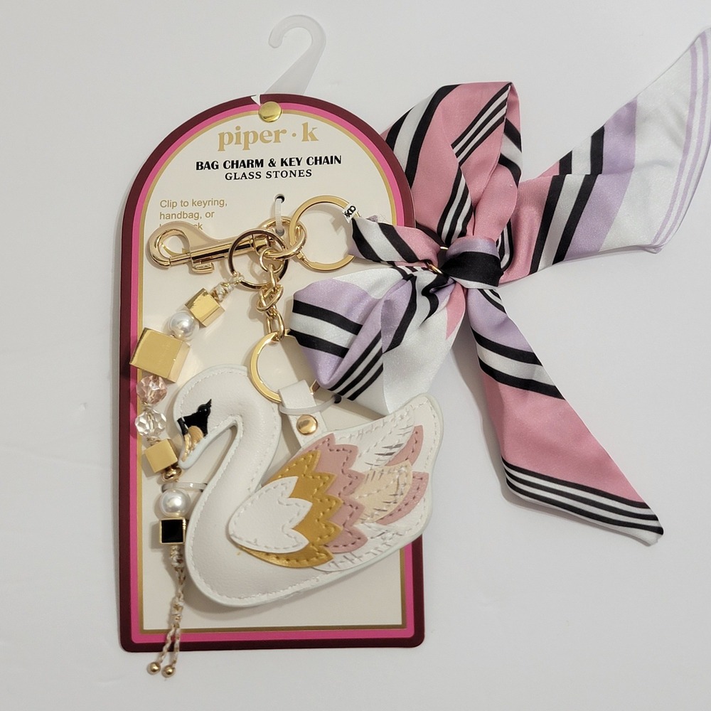 Piper K Swan Bag Charm Keychain Glass Stones Striped Bow Pink Gold Ballet New